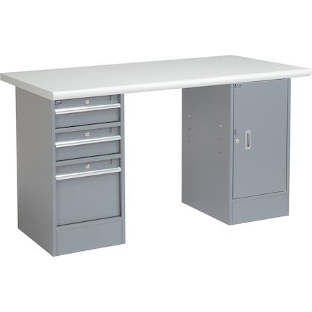 Global Industrial 60 x 30 Pedestal Workbench 3 Drawers & 1 Cabinet, Laminate Safety Edge Gray 607648